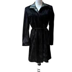Vintage Sasch Black Faux Suede  Preppy Vegan Long Coat Size 42 (6)